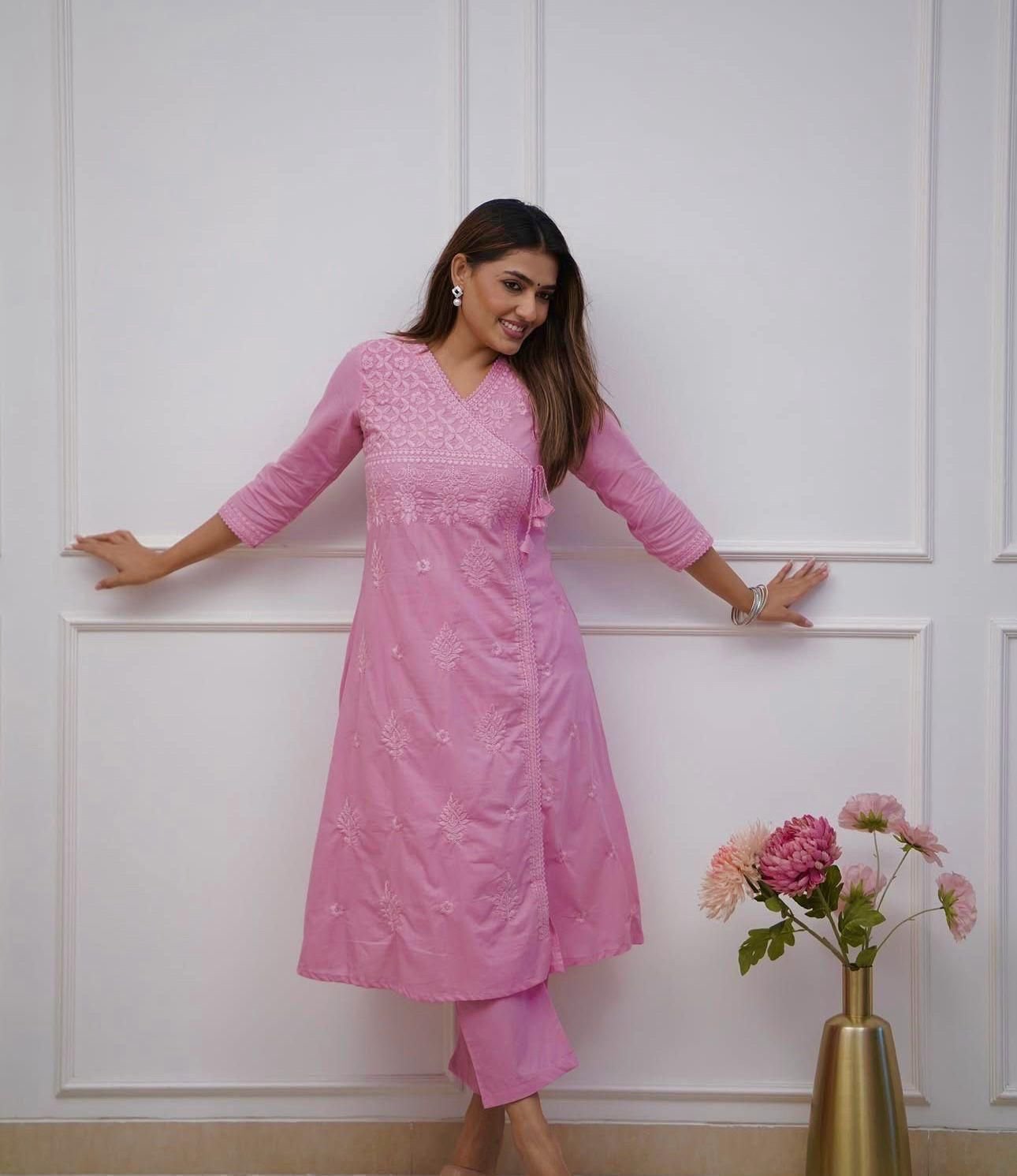 Pink Chikankari Cotton Angrakha Kurti Pant Set